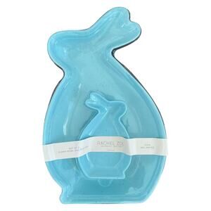 RACHEL ZOE Blue Speckled MELAMINE Easter Rabbit Serving Tray & Bowl Set NEW